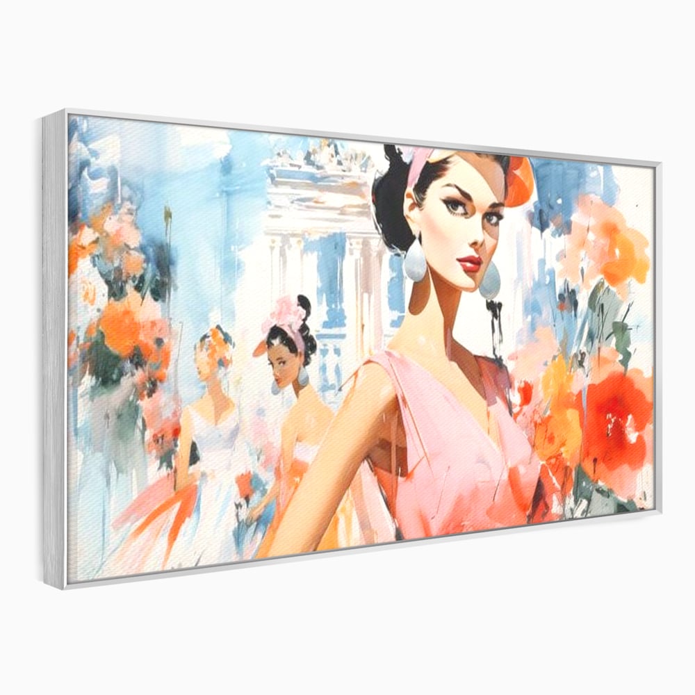 Tablou canvas cu tablou canvas cu femei la moda retro, in rama de aluminiu argintiu